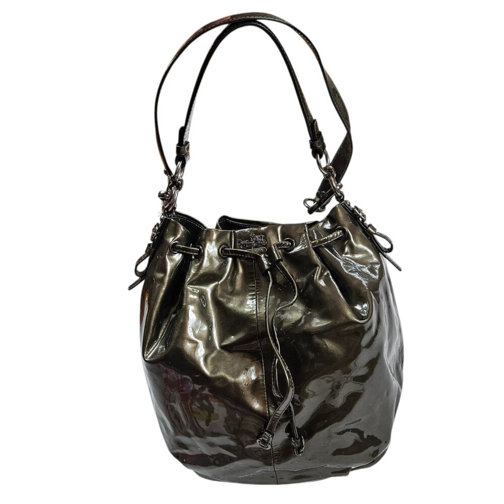 Coach Madison Marielle Drawstring Tote Bag Pewter Patent Leather - Picture 12 of 12